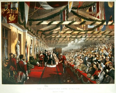 Prinses Alexandra van Denemarken arriveert in Londen op 7 maart 1863 op The Bricklayers Arms Station met haar toekomstige echtgenoot, de Prins van Wales. 1863 door English School