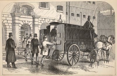 Gevangeniswagen die gevangenen ophaalt bij het House of Detention, illustratie uit The Criminal Prisons of London and Scenes from Prison Life door Henry Mayhew en John Binny, uitgegeven in 1862 door English School