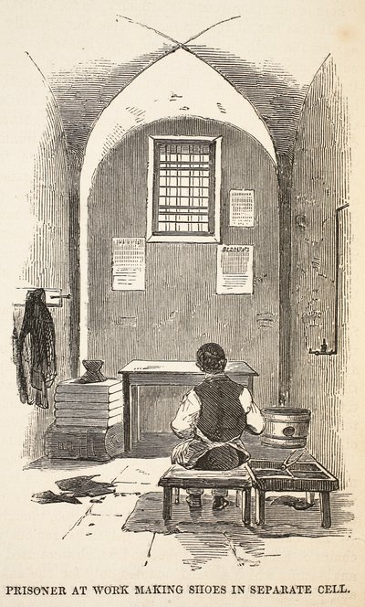 Gevangene aan het werk schoenen maken in aparte cel, illustratie uit The Criminal Prisons of London and Scenes from Prison Life door Henry Mayhew en John Binny, uitgegeven in 1862 door English School