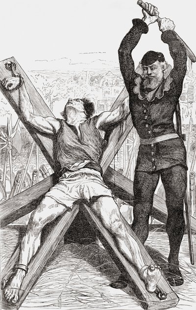 Gevangene wordt gemarteld op het St. Andreas Kruis, ca. 1865 door English School
