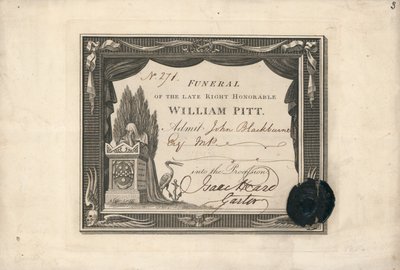 Toegangskaart voor de begrafenis van William Pitt door English School