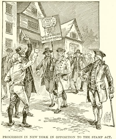 Processie in New York tegen de Stamp Act door English School