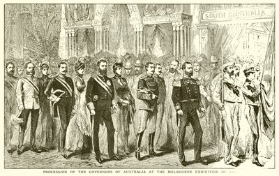 Processie van de Gouverneurs van Australië bij de Melbourne-tentoonstelling van 1888 door English School