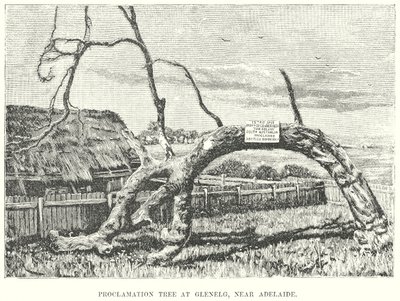 Proclamatieboom in Glenelg, bij Adelaide (gravure) door English School