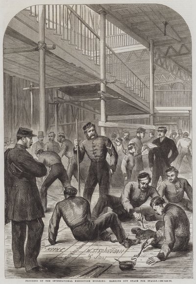 Voortgang van het International Exhibition Building, markeren van ruimte voor stands door English School
