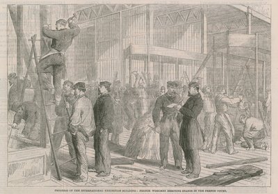 Voortgang op het Internationale Tentoonstellingsgebouw; Franse arbeiders die stands opzetten in het Franse Hof door English School