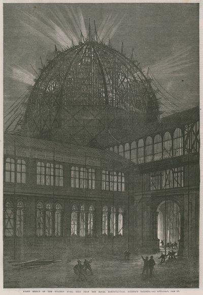 Voortgang op het Internationale Tentoonstellingsgebouw; Nacht effect van de westelijke koepel door English School