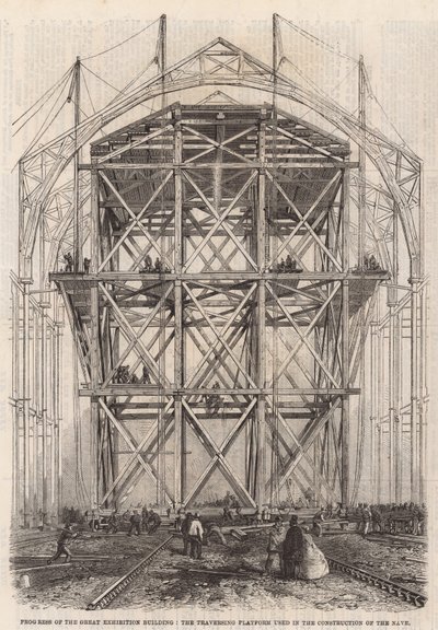 Voortgang op het Internationale Tentoonstellingsgebouw; Het verplaatsbare platform gebruikt bij de bouw van het schip door English School