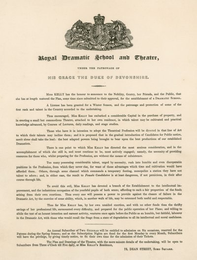 Promotiebrief voor de Royal Dramatic School and Theatre, 73 Dean Street, Soho Square, Londen door English School