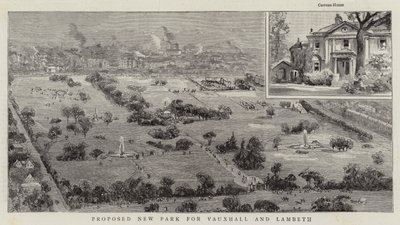 Voorgesteld nieuw park voor Vauxhall en Lambeth (gravure) door English School