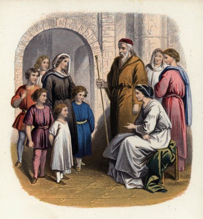 Prudence ondervraagt de kinderen van Christiana, een illustratie uit De Christenreis van John Bunyan door English School