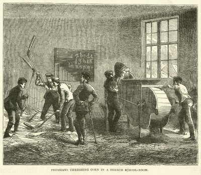 Pruisen die graan dorsen in een Franse school, september 1870 door English School
