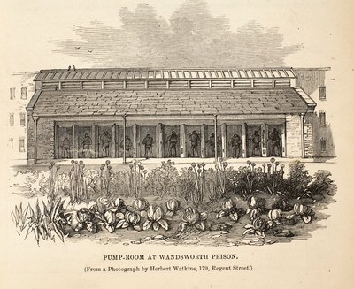 Pompkamer in Wandsworth Prison, illustratie uit The Criminal Prisons of London and Scenes from Prison Life door Henry Mayhew en John Binny, uitgegeven in 1862 door English School