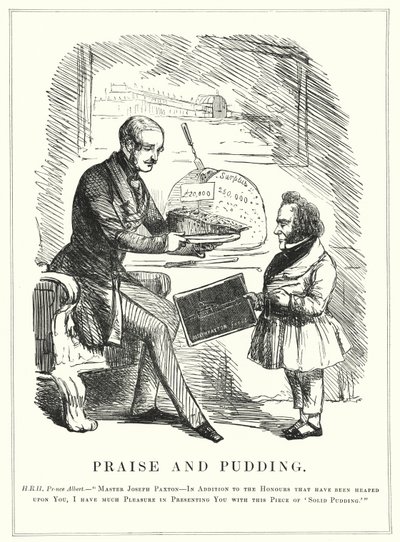 Lof en pudding: Prins Albert beloont Joseph Paxton voor het ontwerpen van het Crystal Palace om de succesvolle Grote Tentoonstelling van 1851 in Hyde Park, Londen te huisvesten door English School