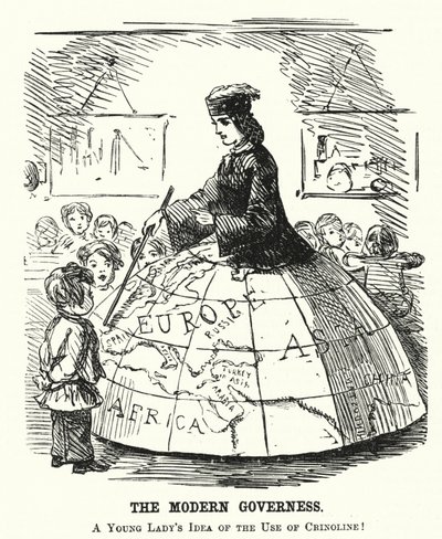 De moderne gouvernante - een wijde hoepelrok als hulpmiddel bij aardrijkskundeles door English School