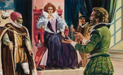 Koningin Elizabeth I (1533-1603) en Sir Francis Drake (1540-96) (gouache op papier) door English School