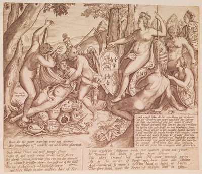 Koningin Elizabeth I van Engeland als de godin Diana, zittend in oordeel over paus Gregorius XIII door English School