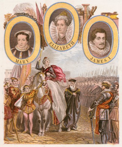 De Armada-toespraak van koningin Elizabeth I (ingekleurde gravure) door English School