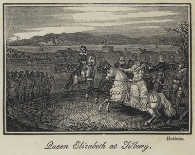 Koningin Elizabeth bij Tilbury (gravure) door English School