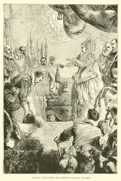 Koningin Elizabeth die Francis Drake tot ridder slaat door English School