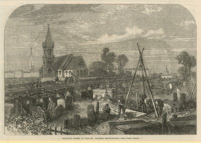 Spoorwegwerken in Old St Pancras Churchyard (gravure) door English School