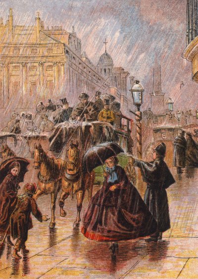 Regenachtig straatbeeld (kleurenlitho) door English School