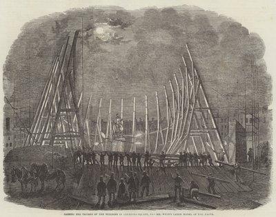 Het hijsen van de spanten van het gebouw in Leicester-Square, voor Mr Wyld