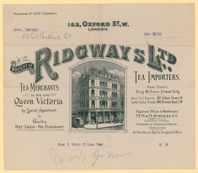 Ontvangstbewijs van Ridgways, thee-importeurs, 182 Oxford Street, Londen door English School