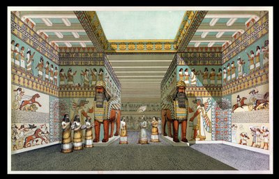 Reconstructie van de hal van een Assyrisch paleis, uit Ontdekkingen in de Ruïnes van Nineveh en Babylon door Austen Henry Layard (1817-94) door English School
