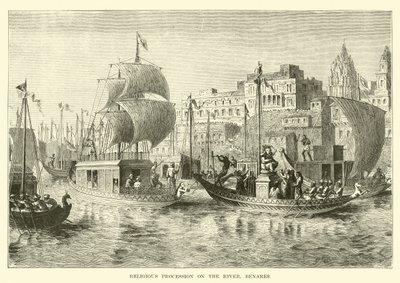 Religieuze processie op de rivier, Benares door English School