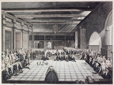 Weergave van de ceremonie van het presenteren van de sheriffs van Londen (gekleurde gravure) door English School