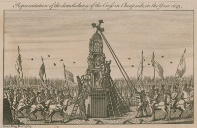 Weergave van de sloop van het kruis in Cheapside in het jaar 1643 door English School