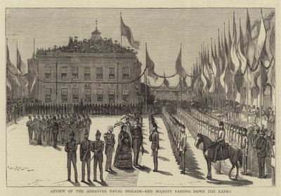 Review van de Ashantee Marinebrigade, Hare Majesteit passeert de Rangen (gravure) door English School