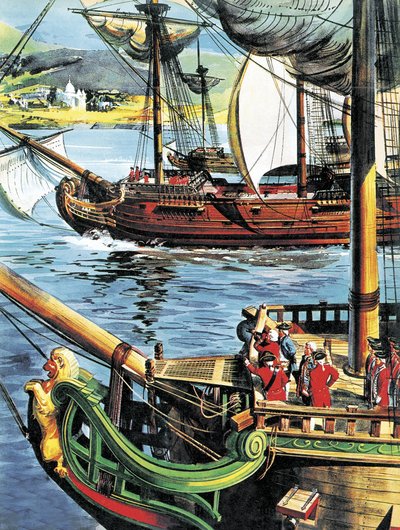 Robert Clive vaart de Baai van Bengalen op naar de monding van de Ganges door English School
