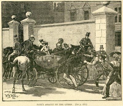 Robert Pates slaat de koningin buiten Cambridge House, illustratie uit Het leven en de tijden van koningin Victoria, Vol. II door Robert Wilson, 1888 door English School