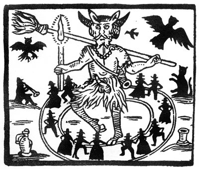 Robin Goodfellow, afgebeeld als Priapus met geitenhoorns, erecte penis en omringd door een cirkel van dansende aanbidders door English School