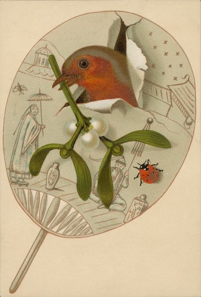 Roodborstje en maretak (chromolitho) door English School