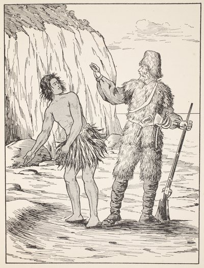 Robinson Crusoe en Vrijdag, illustratie uit Het verhaal van Robinson Crusoe: Een bewerking voor kinderen volgens Defoes taal, uitgegeven door Griffith Farran Browne & Co. Limited, Londen door English School