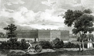 Het rollen van de gazons bij Hampton Court Palace door English School