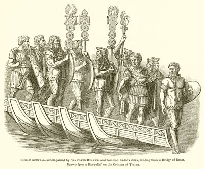 Romeinse generaal, vergezeld door standaarddragers en gewone legionairs, landend vanaf een brug van boten door English School