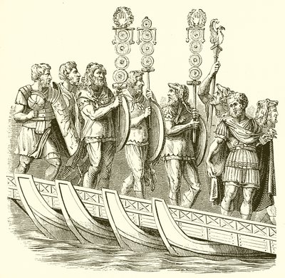 Romeinse soldaten steken een brug van boten over door English School