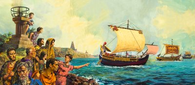 Romeinse soldaten verlaten Groot-Brittannië aan boord van een schip door English School