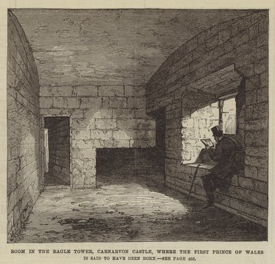 Kamer in de Adelaars Toren, Carnarvon Kasteel, waar de Eerste Prins van Wales zou zijn geboren (gravure) door English School