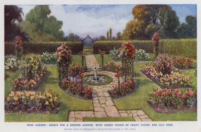 Rozentuin, ontwerp voor een tuin met hagen, met toegevoegde charme van gekke bestrating en lelievijver (kleurenlitho) door English School