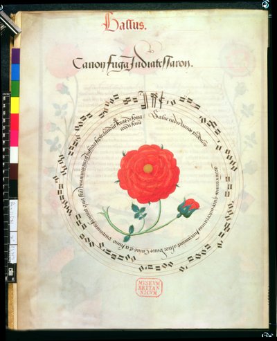 Canon, met cirkelvormige staven en roos in het midden, uit Motetten van Richard Sampson door English School