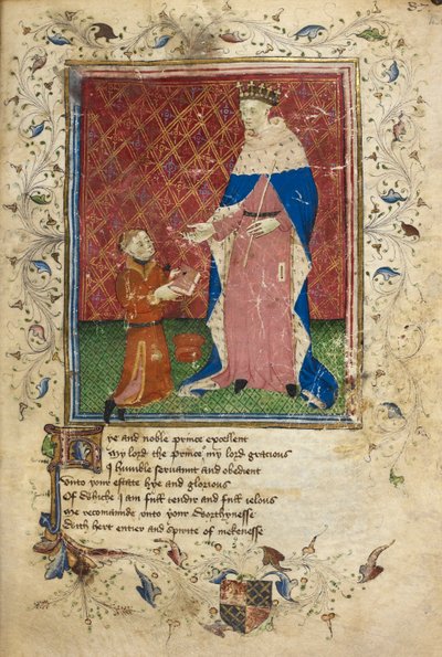 Presentatiescène met Thomas Hoccleve die zijn boek aanbiedt aan Hendrik V door English School