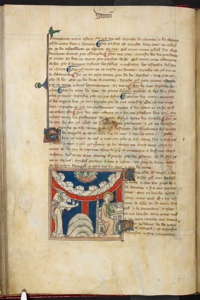 Een leeuwenbek en op een omgekeerde boog van wolk zes hoofden die de zeven donderslagen voorstellen: hieronder, links, de engel, en rechts, Johannes die op het punt staat in het boek te schrijven, uit 