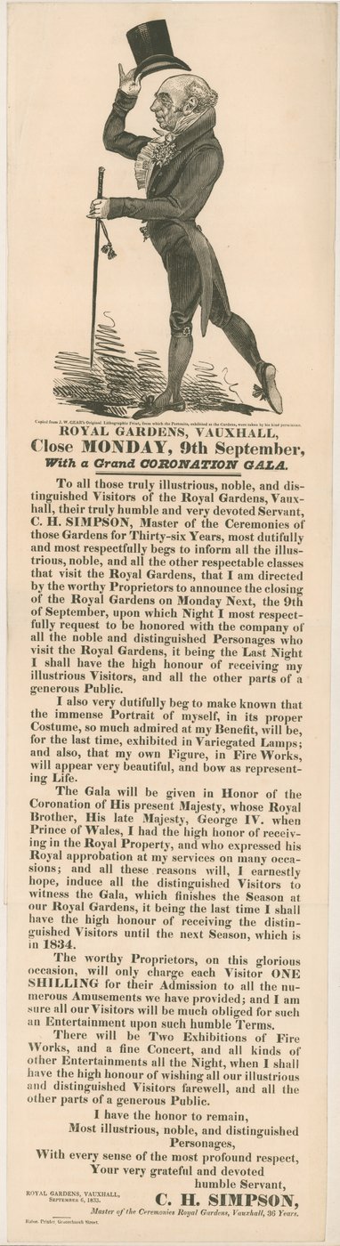 Koninklijke Tuinen, Vauxhall. Kroningsgala, 9 september 1833 door English School