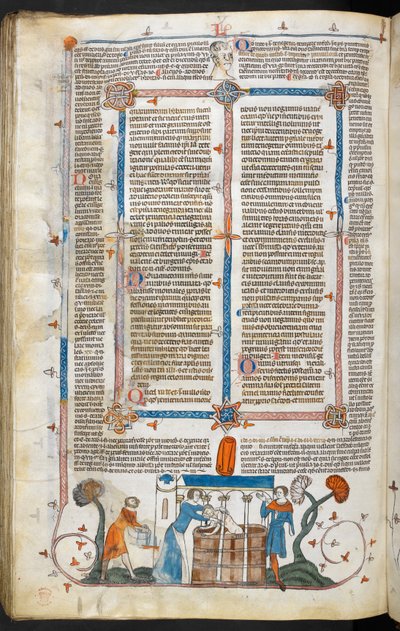 Royal MS 10 IV f.297v Het baden van een pestslachtoffer en marginale decoratie, illustratie uit 