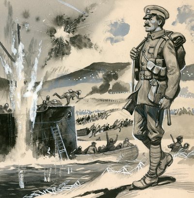 Royal Marines bij de amfibische landingen bij de Dardanellen in 1915 door English School
